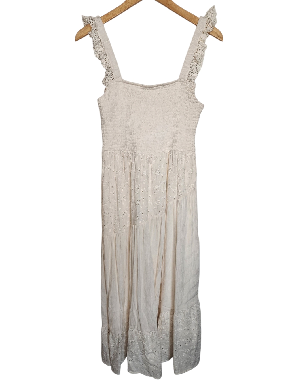 Wallflower Cream Eyelet Midi Dress Smocked Lace Strap Boho Cottagecore Large